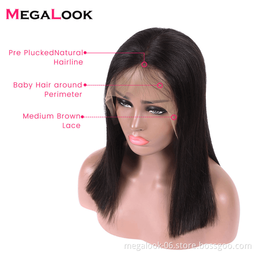 MegaLook Overnight Delivery Women Invisible Knots Vietnamese Straight Humain Hair 10 Inch Short Bob Wig